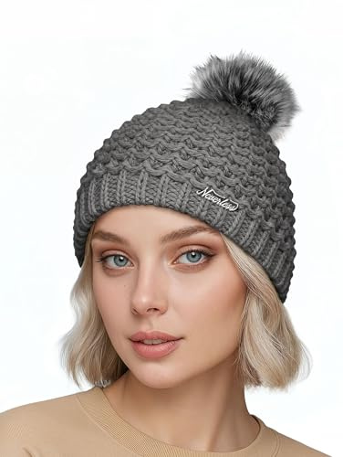 Neverless® Damen Strickmütze Perlstrickmuster Pudelmütze Wintermütze ohne Umschlag mit Fleecefutter und Kunstfellbommel Model 1978 Hellgrau Unisize