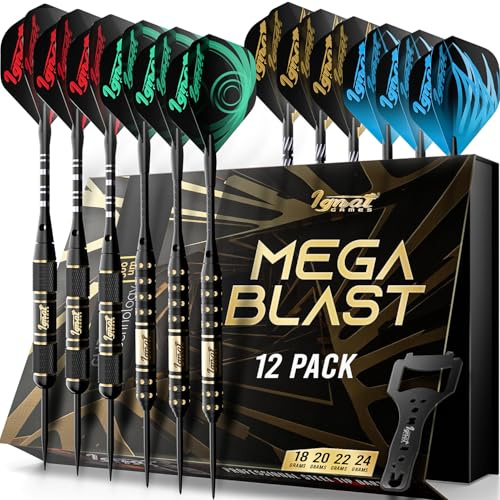 IgnatGames Dartpfeile mit Stahlspitze-Set, 12er Premium Darts (18–24g Messing-Barrels, Alu-Schäften), 32 Standard- & Slim GlideXPro Flights, Spitzer, Schraubenschlüssel & exquisites Etui
