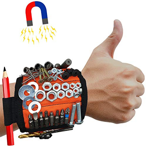 MyToolOn Magnetic Wristband with 20 Strong Magnets for Holding Screws, Nails, Drill Bits. Best Unique Tool Gift for Men, Father Dad, DIY Handyman, Husband, Boyfriend, Him, and Women, Orange.