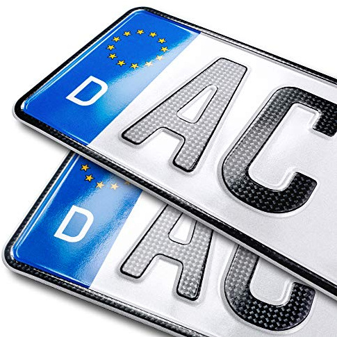 2 Carbon Kfz Kennzeichen | 320 x 110 mm | Kurze Nummernschilder | PKW | DIN-zertifizierte Wunschkennzeichen | Sportliche Autokennzeichen | Auto-Schilder | Kurze Länge – 32 cm