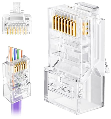VCE Pass Through Crimpkontakt Cat5e, rak RJ45-kontakt med guldpläterade kontakter, lämplig för Cat5e/Cat5-läggningskabel, router, switch, patchpanel, nätverkskabel i hemmet och kontoret, 50 stycken