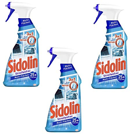 Sidolin Multi-Flächen-Reiniger, Sprühflasche, 3x500ml, für streifenfreien Glanz auf über 25 Flächen