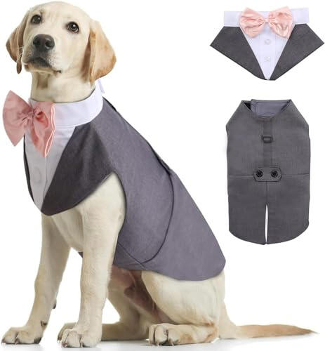 Kuoser Hund Smoking Anzug & Bandana Set, Haustier Fomal Kleidung, Grau XL | Hunde Mantel mit Abnehmbarer Fliege, Hundeanzug Welpe Kostüm Shirt für Hochzeit Halloween Geburtstag Party，leicht & bequem