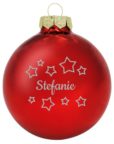Deitert Weihnachtskugel mit Namen oder Wunschtext graviert, Ø 8cm, personalisierte Christbaumkugel aus Glas (glänzend), individueller Weihnachtsbaumschmuck mit Gravur, Sternen-Motiv, Rot