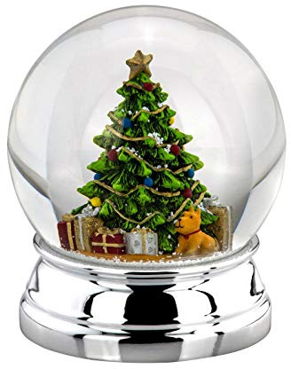 Schneekugel Weihnachtsbaum Ø 10 cm - große Glas Schüttelkugel mit Buntem Christbaum & Geschenken auf versilbertem Metallfuß - Christmas Traumkugel als Festliche Winter- & Weihnachtsdeko