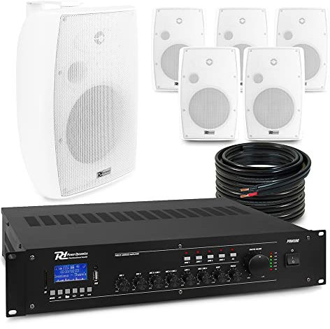 Power Dynamics BF80TW Wall Mounted Sound System - 6x White 8 Weatherproof Speakers, Bluetooth Mixer Amplifier - Commercial Audio for Restaurants, Retail, Offices and Multi-Room Installations