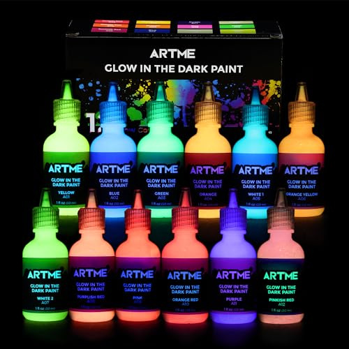 Artme Glow in The Dark Paint, Glow Paint Set of 12 Bright Colors 30ml/1oz, Long Lasting Glow Fluorescent Perfect for Art Painting, DIY projects, Easter, Halloween, and Christmas Decorations