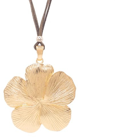NILUXE DESIGN Collier Femme Grande Fleur Argent Ou Or - Pendentif Grande Fleur - Chaîne Daim Ou Acier (Doré - Daim Vert)