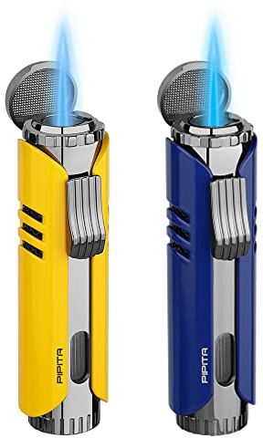 PIPITA 2-Pack Torcia Accendino Antivento Gas Butano Accendino Jet Singola Fiamma Metallo Accendino, Fiamma Regolabile E Accendino (Butano Non Incluso) (Blue+yellow)