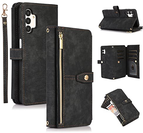 UEEBAI Étui pour Samsung Galaxy A13/A04s, Portefeuille Cuir PU Rétro Rabat Antichoc Housse avec Dragonne Fentes Cartes Fonction Support Fermeture Magnétique - Vintage Noir