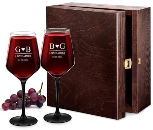 Maverton 2 Calici da vino Rubino, incisione personalizzata | 300 ml, con gambo nero, pensiero speciale per nozze, adatti per vino secco e dolce, unici per coppia, regalo di Natale, cuore
