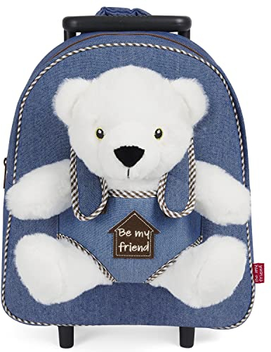 PERLETTI Plüschtier Kindergepäck Rucksack für Kinder - Kinderrucksack mit Abnehmbaren Rädern und Kuscheltier Spielzeug - Kindergarten Rollrucksack Kleinkinder 3 4 5 Jahren - 28x32x11 cm (Eisbär)