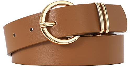 JasGood Damen Ledergürtel für Jeans Hosen Kleider Mode Goldschnalle Damen Leder Gürtel, Braun, 120cm
