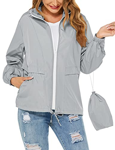 Tisfeer Rain Coats for Women Waterproof Lightweight Summer Jackets Packable Hooded Outdoor Windbreaker(Grey,L)