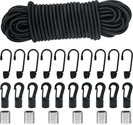 Episkey Tendeur Elastique 6mm 15m Noir, Corde Élastique Tendeurs Elastique avec Crochets, Sangle Elastique pour Bache, Crochet Velo, Crochet Fixation (Noir, 6mm x 15m)