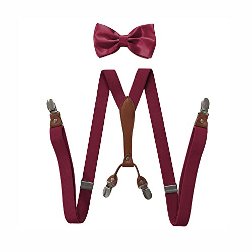 BaronHong Juego de pajarita con tirantes para mujeres y hombres, 1 pulgada de ancho en forma de Y con 4 clips, tirantes ajustables para bodas, eventos formales, granate, M