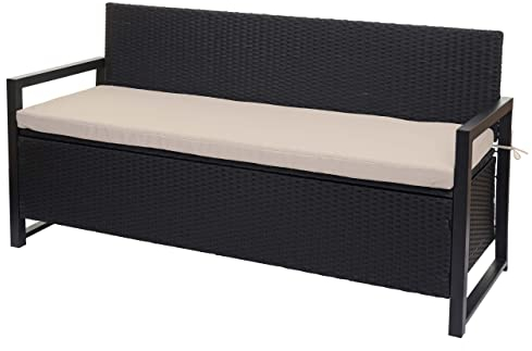 Mendler Poly-Rattan 3er Sitzbank HWC-F39, Gartenbank Truhenbank, Staufach Aufbewahrung Sitzkissen - anthrazit, Kissen beige