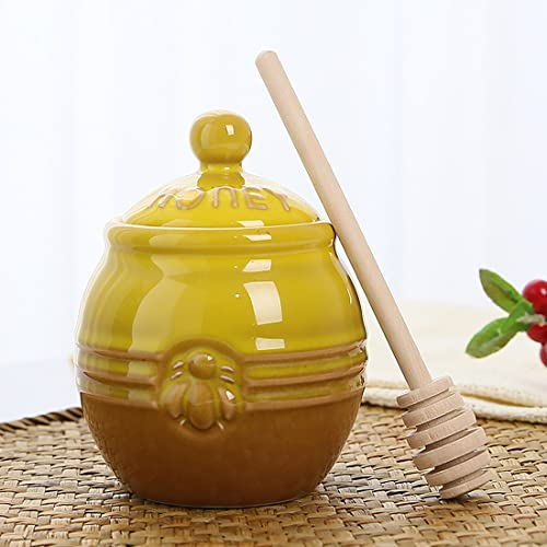 Kosmeey 12oz Ceramic Honey Jar with Wooden Dipper Stick-Honey Pot with Dipper, Yellow Honey Dispenser, Farmhouse Kitchen Great Bee Decor, Porcelain Honey Jar Easy to Clean for Mother's Day Wife Gift
