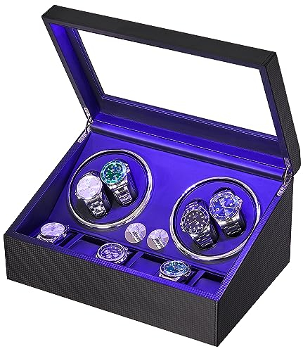 ANWBROAD Remontoir à Montre Ecrins pour Montres Automatiques pour 4 +6 Boîte à Remontoir de Rangement Supersilencieux Luxueux Watch Winder LED Légère 4 Modes de Rotation en fibre de carbone JWW002C