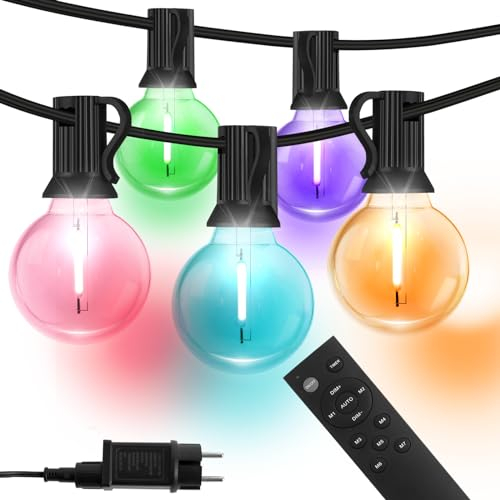 HOUHUI Lichterkette Außen15M,RGBW Outdoor Lichterkette mit Fernbedienung,G40 Dimmbare LED Hängelichter Farbwechselnde,Wasserdicht Weihnachtsbeleuchtung Außen für Hochzeiten, Partys,25+2 G40 Glühbirnen