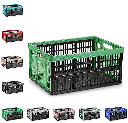 plastific Multi-Purpose Strong Folding Collapsible Plastic Storage Boxes Crates Portable Stackable Container Basket for Home Office Garage Tools, Soft-Touch Handles (Black & Green - 32L)