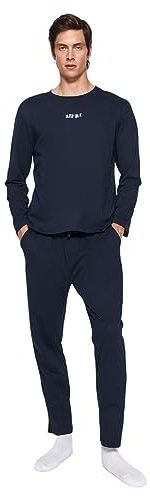 Trendyol Herr Man Slogan Stickad T-skjorta Byxor Pyjamasset, Marinblå, M, marinblå, M