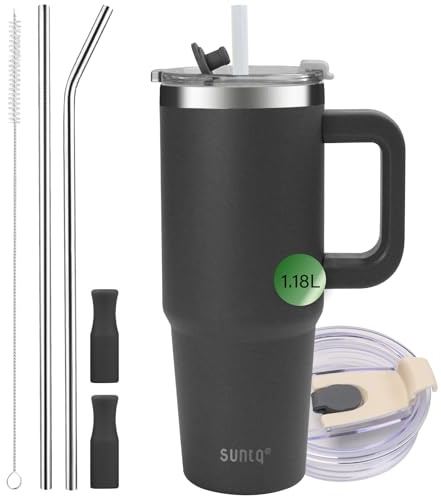 SUNTQ 40oz Tumbler with Handle, Double Wall Vacuum Insulated Water Bottle with Straw and Lid, Stainless Steel Travel Coffee Mug, Reusable Thermal Cup for Beverages, Fit in Cup Holder(Black)