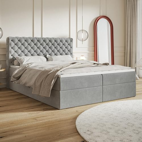 MOTIVENA Nero Chesterfield Boxspringbett 120x200 mit Bettkasten und Topper, Polsterbett 120x200 mit Bettkasten, Bonell-Matratze (H4), Visco Topper (H2), Samt, Grau (Hellgrau)