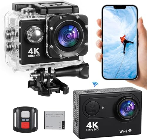 Greatop Cámara Deportiva 4K WiFi 30FPS, 20MP Action Camera con Gran Angula, Cámara Sumergible Acuática 40M Impermeable con EIS Mejorado, 2.4G Control Remoto, 2x1350mAh Baterías, Varios Accesorios