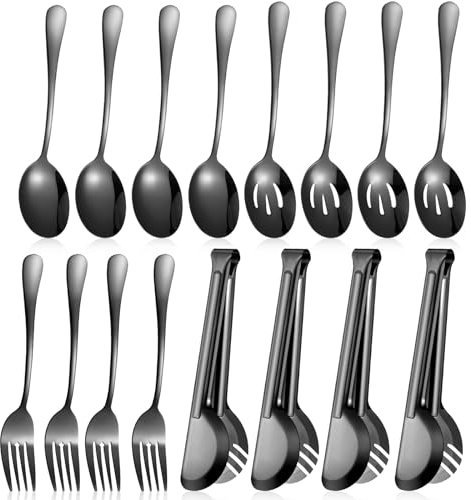 Patelai Stainless Steel Serving Utensils Large Serving Spoon Set 9.45 Inch Metal Tongs 9 Inch Serving Forks 8.7 Inch Slotted Spoons and Serving Spoon Kitchen Wedding Party(Black, 15 Pieces)