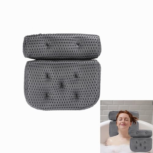 Badewannenkissen, 4D Atmungsaktives Wannenkissen, Badekissen Badewannen 7 Saugnäpfen Bath Whirlpool Kissen Duschkissen Nackenkissen Spa Komfort Nacken Pillow Gift (Grau)