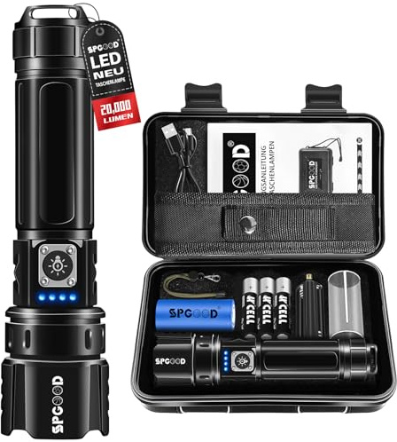 SPGOOD Taschenlampe Led 20000 Lumen, USB Aufladbar Zoombare Taktische Taschenlampen mit 5 Lichtmodi＆Holster,5000 mAh, IP67 Wasserdicht Taktische Handlampe für Wandern, Camping, Outdoor, Notfäll