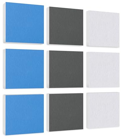platino24 Akustikpaneele 9 Elemente Colore Quadrat 27,5 x 27,5 cm Hellblau + Grau + Weiß I Schallabsorber aus Basotect G+ mit Akustikfilz I Schalldämmung Wand & Decke I Akustikelemente Wandpaneel