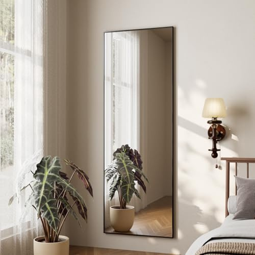 Koonmi Espejo de cuerpo entero, Espejo de pared de 41x127cm con 2 ganchos colgantes ajustables en altura, Espejo colgante con marco de aleación de aluminio para vestidor y dormitorio, Negro