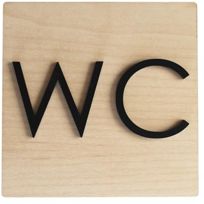 Smile BB - Plaque de Porte pour salle de bains/WC en bois avec lettres en méthacrylate noir mat - Installation facile avec ruban adhésif