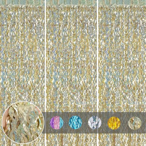 3-Pinion Tinsel Champagne Gold Glitter Foil Door Backdrop, 3.2x6.5ft Wave Foil Fringe Shimmer Decoration for Birthday Wedding Christmas