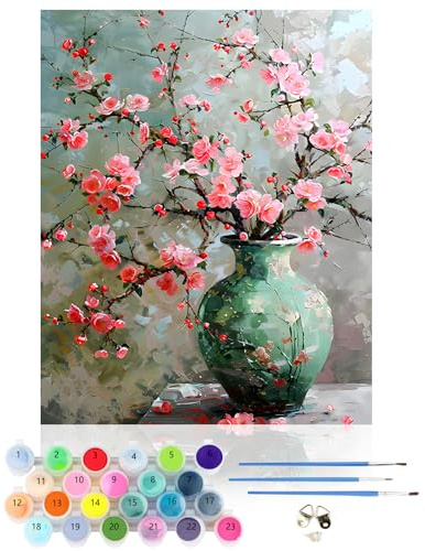 CEOVR Painting by Numbers for Adults,Flowers Canvas Oil Painting Kit Complete,Plum Blossom DIY Paint by Numbers for Adults Beginners,40x50 cm Frameless Flower Tree Paint by Numbers
