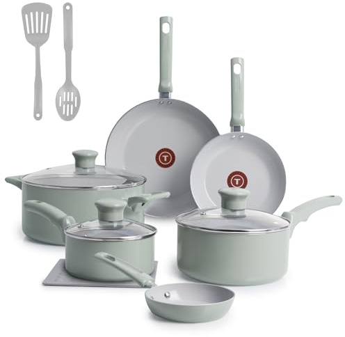 T-FAL Refresh Ceramic, Ceramic Non Stick Cookware Set 12 Piece, Oven Broiler Safe 350F, Cookware, Kitchen Cooking Set w/Fry Pans, Saucepans & Kitchen Utensils, Pots and Pans Set Non Stick, Mint Green | Recycled aluminum body, Thermo-Spot heat indicator, Oven safe to 350 F, All cooktops except induction, Vented glass lids