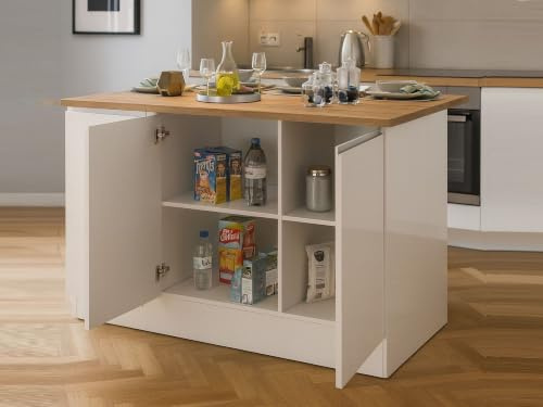 Dmora - Isola da cucina Patrizio, Armadio multiuso, Mobile per cucinotto, Tavolo ausiliario, 100% Made in Italy, 155x90h90 cm, Bianco lucido e Rovere