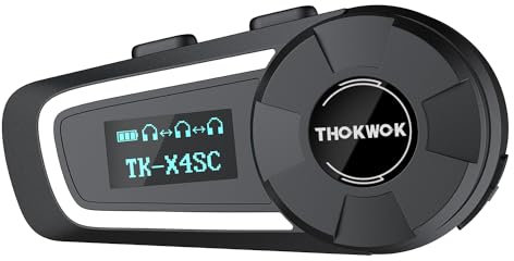THOKWOK TK-X4SC Intercomunicador Casco Moto, Kit Manos Libres Moto 6 vías Sistema Comunicación Grupal Intercom de 2000 m, Auriculares con Bluetooth 5.1/Pantalla LCD/Estéreo Hi-Fi/Compartición Música