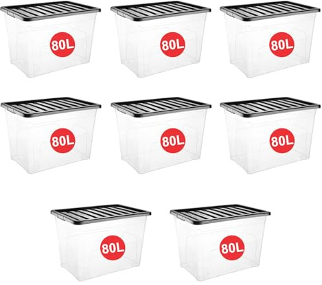 RelianceUK 8 X 80L Large Plastic Storage Box with Black Lid - Strong Stackable Storage Boxes 80 Litres - Home, Office, Kitchen, Nestable Storage Containers | Made in UK (80 Litre / 8 Pack)