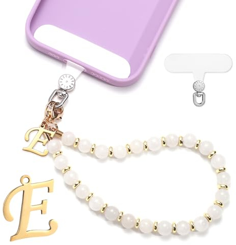 lasuroa 1 Set Handyband mit Perlen, Initialen Handyanhänger Band Abnehmbar Handykette mit Handyband Patch Freihändig Handyarmbandkette für Frauen Mädchen Geschenk (Buchstabe E)