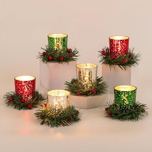 Candle Holders for Christmas Table Centrepiece：Romadedi 6pcs Glass Tea Light Holders with Wreath Ring for Christmas Decorations Party Home Decor Votive Candle Stand for Xmas Mantle Fireplace Dining