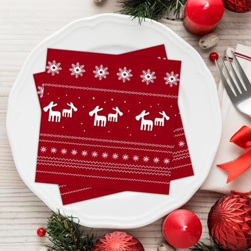 Wentsent Weihnachten Servietten Rot, 100Stück Weihnachtsservietten mit Rentier Schneeflocken Motiv, Weihnachtliche Tischdeko,Winter Paper Napkins, Einweg Papierservietten für Dinnerpartys Weihnachten