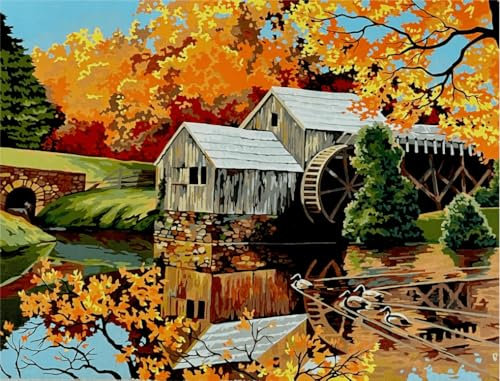 Landschaft Malen Nach Zahlen Erwachsene Bastelset, Paint by Numbers Hütte Malen Nach Zahlen Anfänger, DIY Ölgemälde Leinwand Set mit 3 Set Pinsels und Farbe, Zimmer Deko 25x50 cm, Geschenk für Frauen