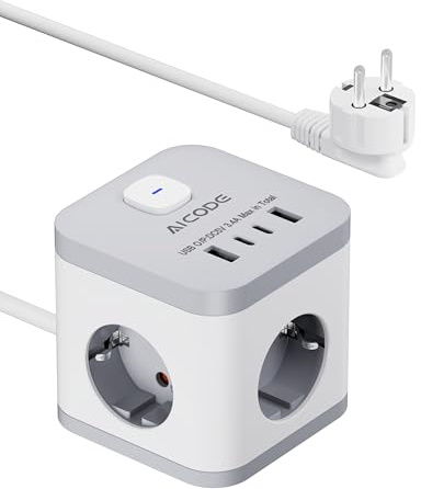 AICODE Steckdosenwürfel 7-in-1 Mehrfachsteckdose mit USB C,2m Kable,Weiß