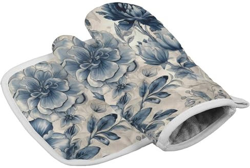 Gants de cuisine personnalisés résistants à la chaleur pour femme - Motif floral bleu