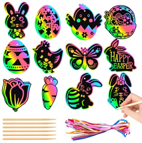 PLNVNVP Ostern Kratzbilder für Kinder, 24pcs Regenbogen Ostern Kratzpapier, DIY Ostern Anhänger Papier Basteln Ostereier, Osterdeko Basteln Kinder, Osteranhänger Papier Bemalen für Frühling Deko