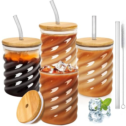 SILRIVES Vasos de cristal con tapa y pajita, 4 unidades, 350 ml, vasos de burbuja, vasos de café helado, vasos acanalados con tapa y pajita para latte macchiato, cerveza, cócteles, batidos, refrescos