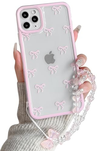 NITITOP for iPhone 11 Pro Case Cute Clear Bow Chain,Pink | for Women Girls, Aesthetic Bowknot Ribbon Design, with Wrist Strap, Soft TPU Shockproof Cover, Full Camera Protection